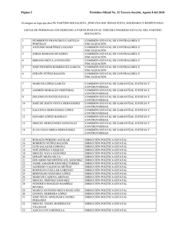 Página 2 Periódico Oficial No. 32 Tercera Sección, Agosto 8 Del 2018