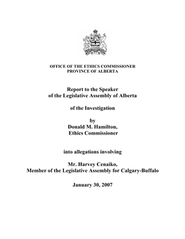 Report to the Speaker of the Legislative Assembly of Alberta Of