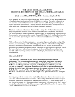 THE KINGS of ISRAEL and JUDAH SESSION 4: the REIGNS of REHOBOAM, ABIJAH, and NADAB 4-29-20 (Study Covers 1 Kings 14:25-I Kings 15:8; 2 Chronicles Chapters 11-13)