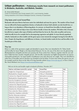 Urban Pollinators – Preliminary Results from Research on Insect Pollinators in Brisbane, Australia, and Malmö, Sweden