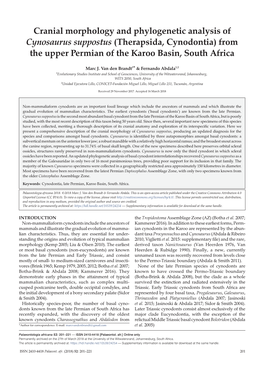 Cranial Morphology and Phylogenetic Analysis of Cynosaurus Suppostus (Therapsida, Cynodontia) from the Upper Permian of the Karoo Basin, South Africa