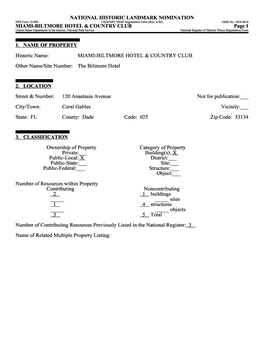 MIAMI-BILTMORE HOTEL & COUNTRY CLUB Page 1 United States Department of the Interior, National Park Service______National Register of Historic Places Registration Form