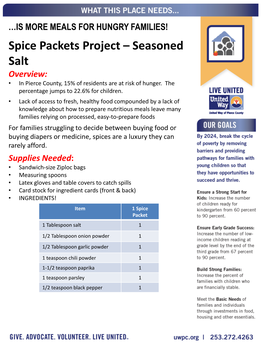 Spice Packets Project – Seasoned Salt Overview: • in Pierce County, 15% of Residents Are at Risk of Hunger