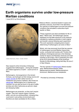 Earth Organisms Survive Under Low-Pressure Martian Conditions 1 June 2015, by Chris Branam