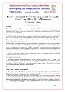 Impact of Sustainable Growth and Development Through the Metro Project of Pune City in Maharashtra Dr