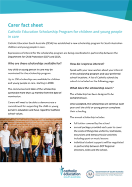 Carer Fact Sheet Catholic Education Scholarship Program for Children and Young People in Care