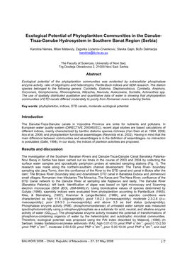 Ecological Potential of Phytoplankton Communities in the Danube- Tisza-Danube Hydrosystem in Southern Banat Region (Serbia)