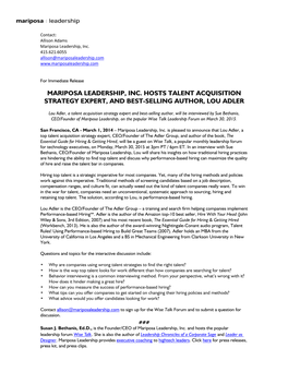 Mariposa Leadership, Inc. Hosts Talent Acquisition Strategy Expert, and Best-Selling Author, Lou Adler