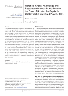 Historical-Critical Knowledge and Restoration Projects in Architecture: the Case of St John the Baptist in Castelvecchio Calvisi