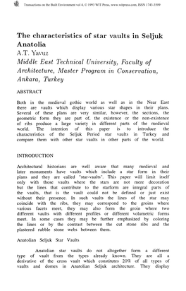 The Characteristics of Star Vaults in Seljuk Anatolia A.T. Yavuz Middle