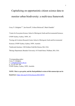 Capitalizing on Opportunistic Citizen Science Data to Monitor Urban Biodiversity: a Multi-Taxa Framework