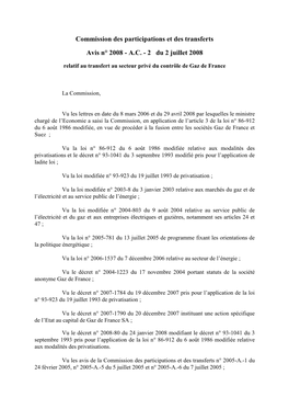 Avis Du 2 Juillet 2008 Relatif Au Transfert Au Secteur Privé Du