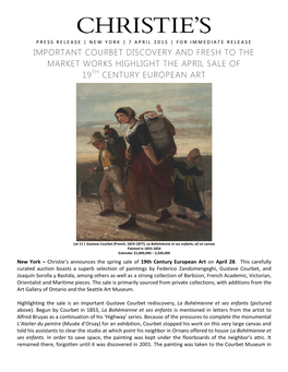 Important Courbet Discovery and Fresh to the Market Works Highlight the April Sale of 19Th Century European Art