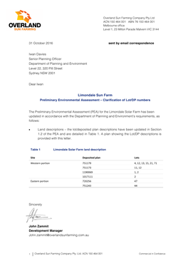 Limondale Sun Farm Preliminary Environmental Assessment – Clarification of Lot/DP Numbers