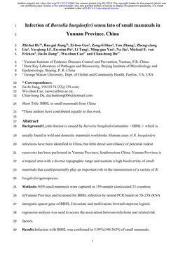 Infection of Borrelia Burgdorferi Sensu Lato of Small Mammals in Yunnan