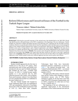 Reform Effectiveness and Unresolved Issues of the Football in the Turkish Super League