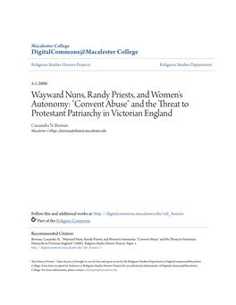 Wayward Nuns, Randy Priests, and Women's Autonomy: "Convent Abuse" and the Threat to Protestant Patriarchy in Victorian England Cassandra N