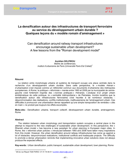 La Densification Autour Des Infrastructures De Transport Ferroviaire Au Service Du Développement Urbain Durable ? Quelques Leçons Du « Modèle Romain D’Aménagement »