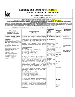 27.03.2019 ORIENTAL BANK of COMMERCE RRL Cluster Office, Durgapur-713 213