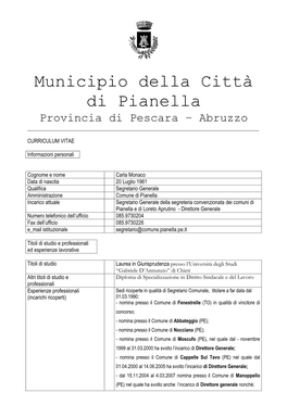 Municipio Della Città Di Pianella Provincia Di Pescara – Abruzzo ______
