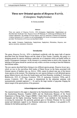 Three New Oriental Species of Hesperus FAUVEL (Coleoptera: Staphylinidae)