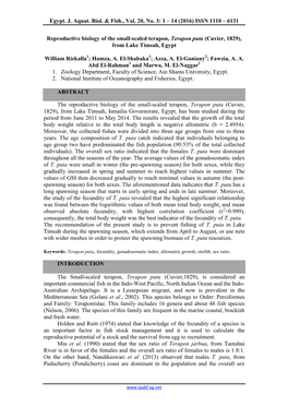 Reproductive Biology of the Small-Scaled Terapon, Terapon Puta (Cuvier, 1829), from Lake Timsah, Egypt