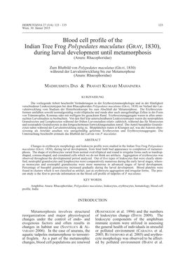 Blood Cell Profile of the Indian Tree Frog Polypedates Maculatus (G Ray , 1830), During Larval Development Until Metamorphosis (Anura: Rhacophoridae)