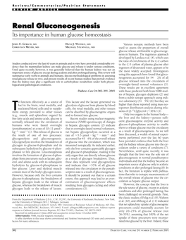 Renal Gluconeogenesis Its Importance in Human Glucose Homeostasis