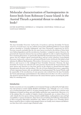 Molecular Characterisation of Haemoparasites in Forest Birds from Robinson Crusoe Island: Is the Austral Thrush a Potential Threat to Endemic Birds?