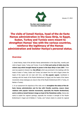 The Visits of Ismail Haniya to Egypt, Sudan, Turkey and Tunisia