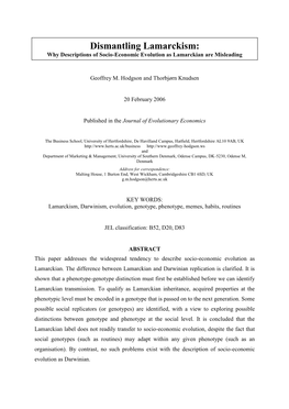 Dismantling Lamarckism: Why Descriptions of Socio-Economic Evolution As Lamarckian Are Misleading