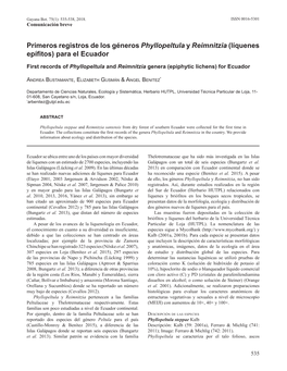 Primeros Registros De Los Géneros Phyllopeltula Y Reimnitzia (Líquenes Epífitos) Para El Ecuador