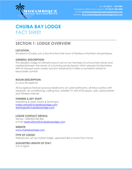 Chuiba Bay Lodge Fact Sheet