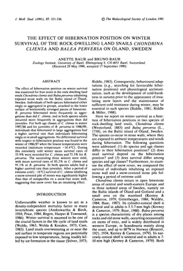 The Effect of Hibernation Position on Winter Survival of the Rock-Dwelling Land Snails Chondrina Clienta and Balea Perversa on Oland, Sweden