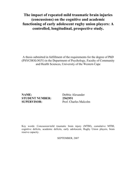 Concussions) on the Cognitive and Academic Functioning of Early Adolescent Rugby Union Players: a Controlled, Longitudinal, Prospective Study