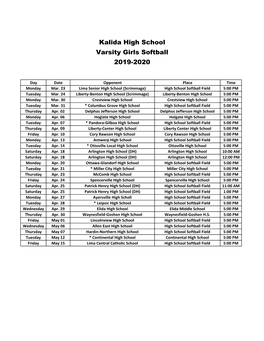 Kalida High School Varsity Girls Softball 2019-2020
