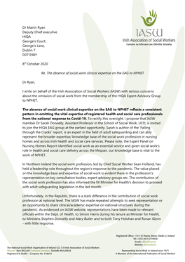 IASW Letter to Dr Ryan, HIQA Re. The