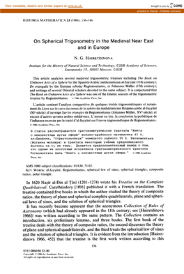 On Spherical Trigonometry in the Medieval Near East and in Europe