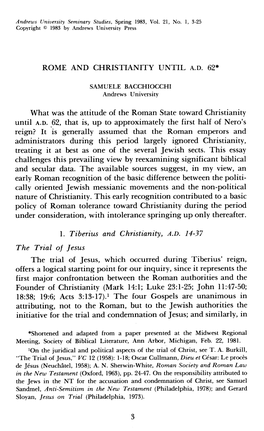 ROME and CHRISTIANITY UNTIL A.D. 62" What Was the Attitude Of