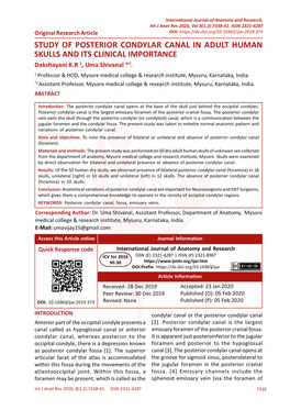 STUDY of POSTERIOR CONDYLAR CANAL in ADULT HUMAN SKULLS and ITS CLINICAL IMPORTANCE Dakshayani K.R 1, Uma Shivanal *2