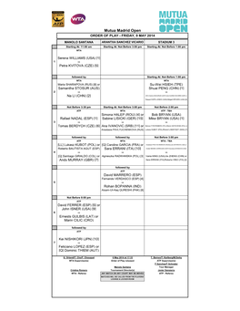 Mutua Madrid Open ORDER of PLAY - FRIDAY, 9 MAY 2014