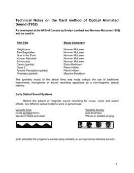 Technical Notes on the Card Method of Optical Animated Sound (1952)