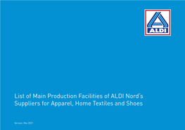 List of Main Production Facilities of ALDI Nord's Suppliers for Apparel