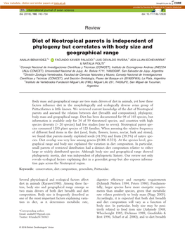 Diet of Neotropical Parrots Is Independent of Phylogeny but Correlates with Body Size and Geographical Range