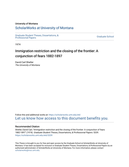 Immigration Restriction and the Closing of the Frontier: a Conjunction of Fears 1882-1897