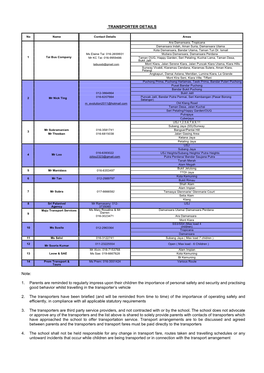 TRANSPORTER DETAILS Note: 1. Parents Are Reminded to Regularly