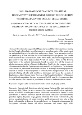 (Also) Magna Carta an Ecclesiastical Document? the Preeminent Role of the Church in the Development of English Legal System