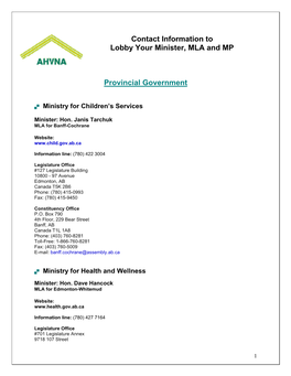 Contact Information to Lobby Your Minister, MLA and MP