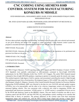 Cnc Coding Using Siemens 810D Control System for Manufacturing Konkurs-M Missile Syed Shoeb Pasha, Mohammed Abdul Rahil Juned, Mohammed Furqan Uddin, Mohammad Owais