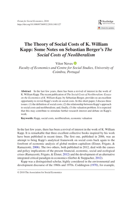 The Theory of Social Costs of K. William Kapp: Some Notes on Sebastian Berger’S the Social Costs of Neoliberalism